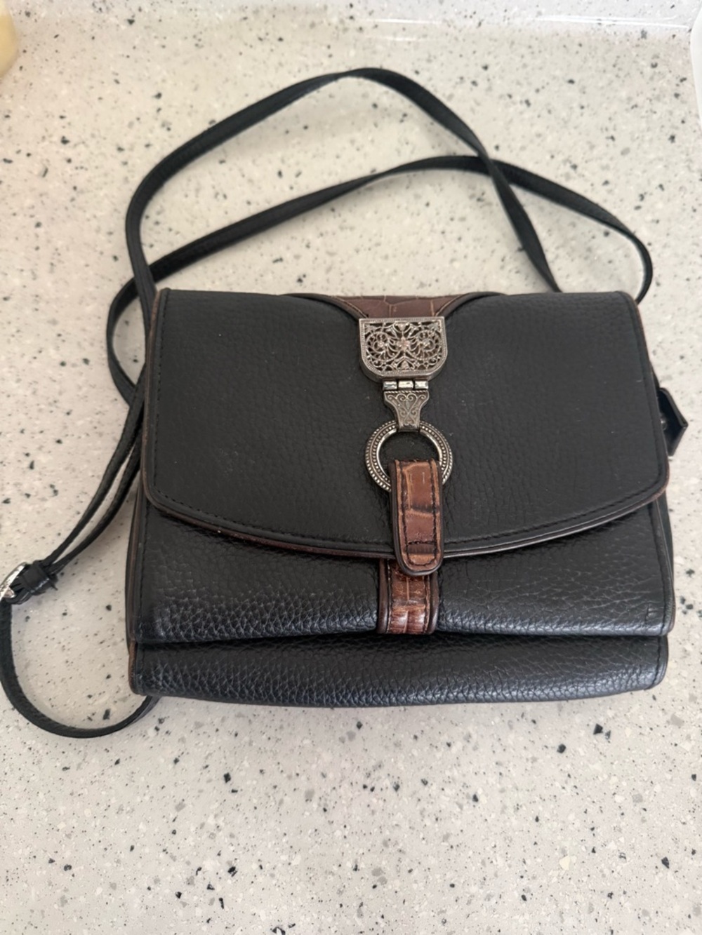 Brighton Nepal Black Leather Pebbled Crossbody Bag Buckle Accent Silver Hardware